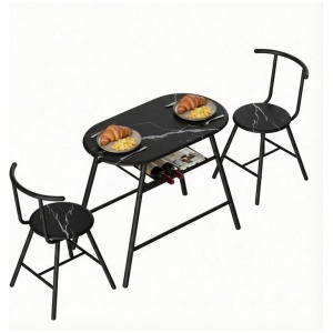 Artiss Dining Table Set 3PC Bistro Kitchen Storage Wine Rack Black Marble Style