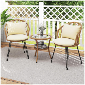 Costway3 Pieces PE Wicker Patio Bistro Set with 2-Tier Tempered Glass Coffee Table-Beige