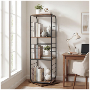 Costway4-Tier 360° Spinning Bookcase Tower with Metal Frame-Rustic Brown
