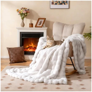CostwayLuxury Faux Fur Throw Blanket for Bed Armchair Sofa-M-Beige