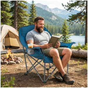 CostwayOversized Camping Chair with Side Pockets and Cup Holder for Outdoor Sports-Blue