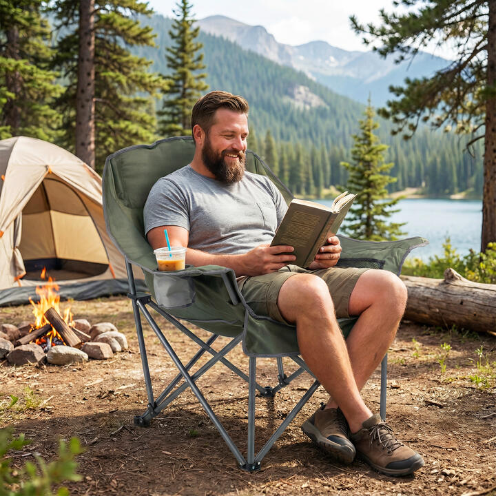 CostwayOversized Camping Chair with Side Pockets and Cup Holder for Outdoor Sports-Green