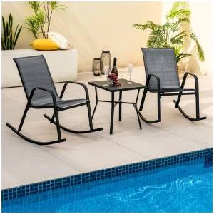 CostwaySet of 2 Patio Rocking Chair with Breathable Fabric Seat-Black