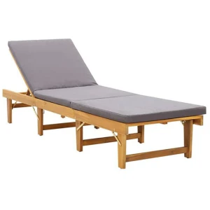 Folding Sun Lounger With Dark Grey Cushion Solid Acacia Wood
