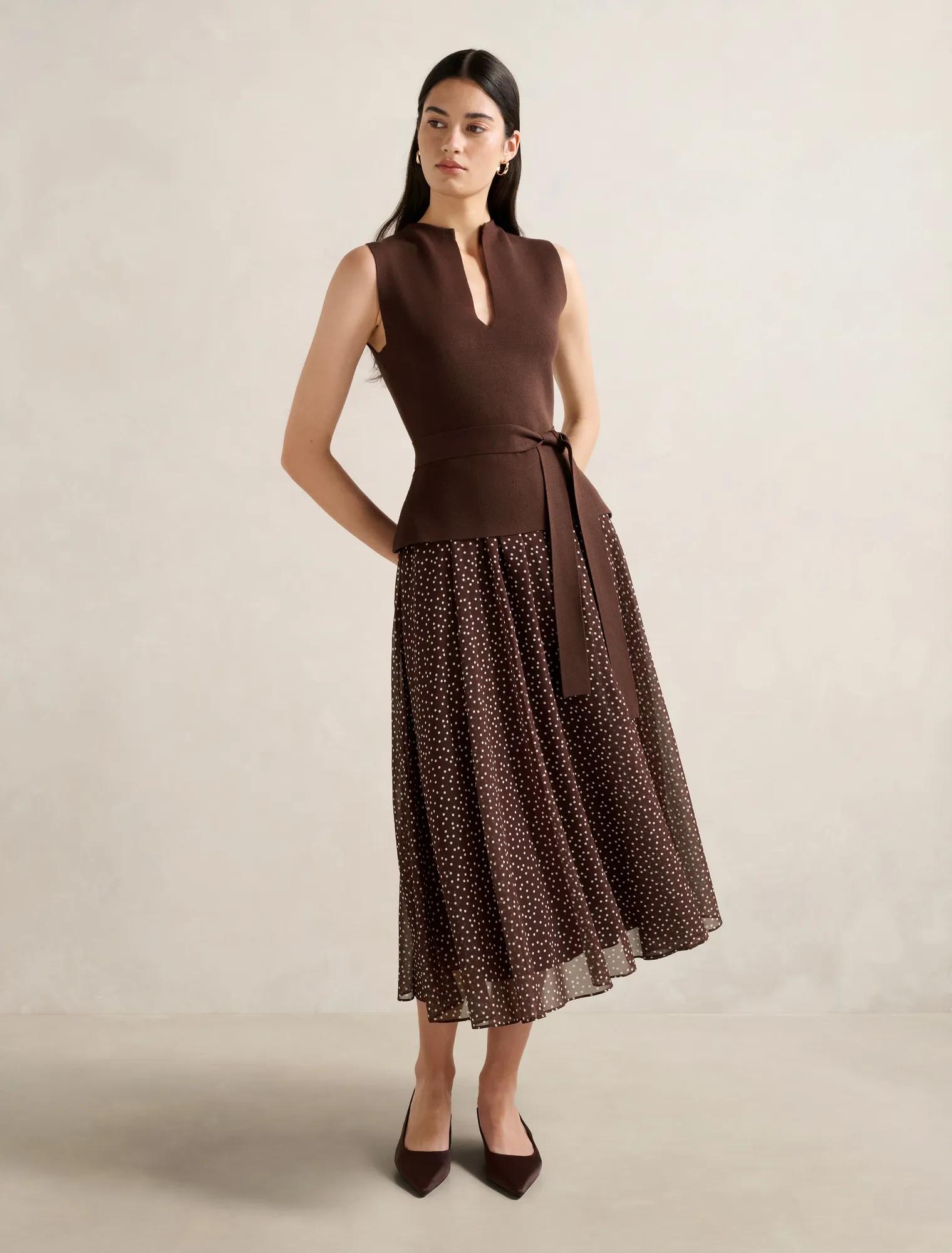 Forever New Women's Catherine Woven Mix Knit Dress in Choc Kinsey Spot