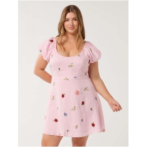 Forever New Women's Clara Curve Embroidered Linen Mini Dress in Cotton Candy