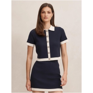 Forever New Women's Farah Knitted Button Through Tee Shirt in Navy/White Co-Ord