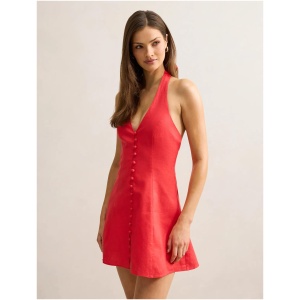 Forever New Women's Ina Button Front Halter Linen Mini Dress in Bright Red