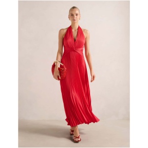 Forever New Women's Natasha Pleated Satin Halter Maxi Dress in Watermelon
