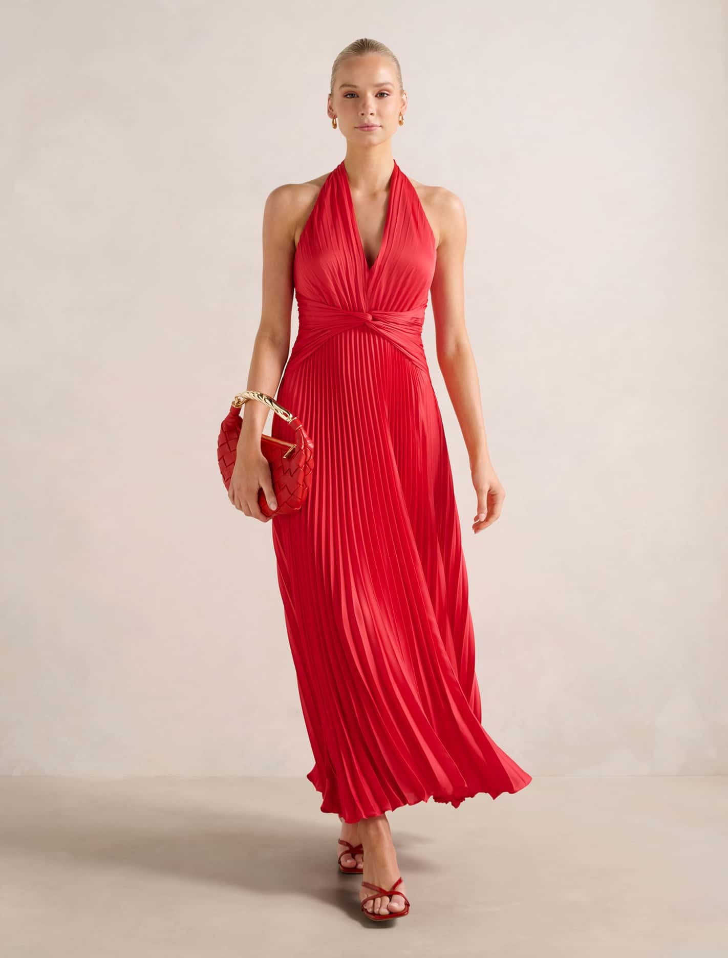 Forever New Women's Natasha Pleated Satin Halter Maxi Dress in Watermelon