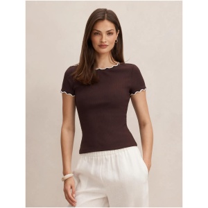 Forever New Women's Rebecca Scallop Trim Tee Shirt in Chocolate/Porcelain