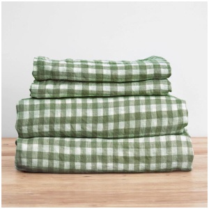 French Flax Linen Sheet Set in Ivy Gingham