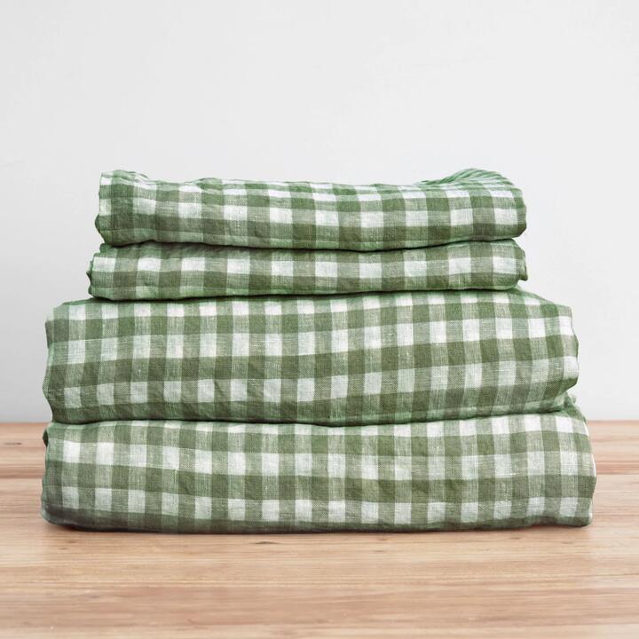 French Flax Linen Sheet Set in Ivy Gingham