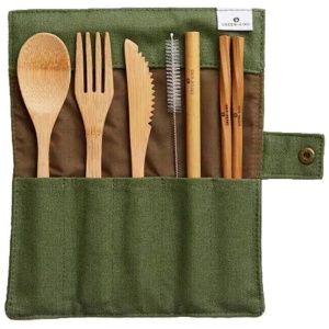 Green + Kind Bamboo Cutlery Roll-Up Set - Olive