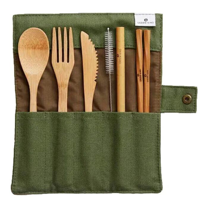 Green + Kind Bamboo Cutlery Roll-Up Set - Olive