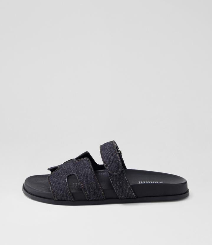 Hayzlen Dark Denim Black Fabric Leather Slides