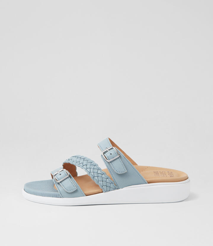 Ianna W Denim White Leather Slides