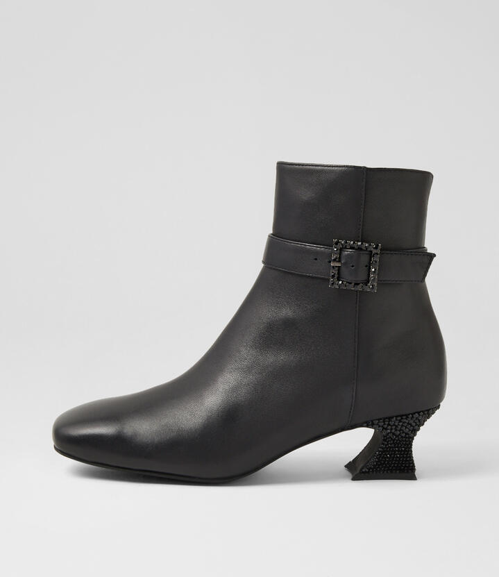 Poppiy Black Leather Jewels Ankle Boots