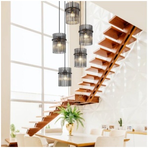 Quilo Contemporary Pendant Hanging Lamp 5-Lights Metal Glass Black Smoke Matte