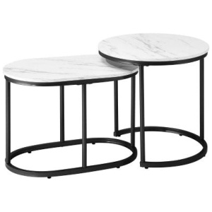 Set of 2 Coffee Table Round Oval Marble Nesting Black