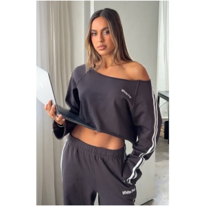 Star Student Cropped Off Shoulder Sweater Charcoal