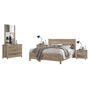 4 Pieces Bedroom Suite Natural Wood Like MDF Structure Queen Size Oak Colour Bed, Bedside Table & Dresser