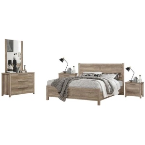 4 Pieces Bedroom Suite Natural Wood Like MDF Structure Queen Size Oak Colour Bed, Bedside Table & Dresser