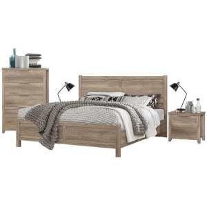 4 Pieces Bedroom Suite Natural Wood Like MDF Structure Queen Size Oak Colour Bed, Bedside Table & Tallboy