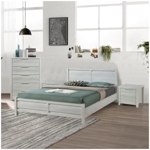 4 Pieces Bedroom Suite Natural Wood Like MDF Structure Queen Size White Ash Colour Bed, Bedside Table & Tallboy