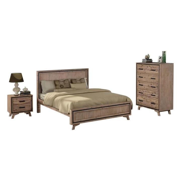 4 Pieces Bedroom Suite Queen Size Silver Brush in Acacia Wood Construction Bed, Bedside Table & Tallboy