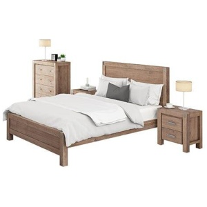 4 Pieces Bedroom Suite in Solid Wood Veneered Acacia Construction Timber Slat Queen Size Oak Colour Bed, Bedside Table & Tallboy