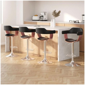 4x Bar Stools Gas Lift Leather w/Armrest Black