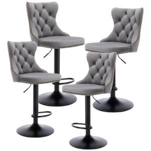 4x Height Adjustable Swivel Bar Stool Velvet Nailhead Barstool with Footrest