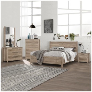 5 Pieces Bedroom Suite Natural Wood Like MDF Structure Queen Size Oak Colour Bed, Bedside Table, Tallboy & Dresser
