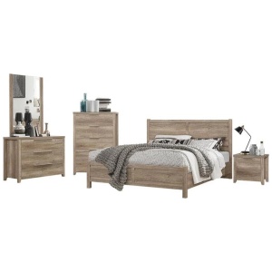 5 Pieces Bedroom Suite Natural Wood Like MDF Structure Queen Size Oak Colour Bed, Bedside Table, Tallboy & Dresser