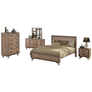 5 Pieces Bedroom Suite Queen Size Silver Brush in Acacia Wood Construction Bed, Bedside Table, Tallboy & Dresser
