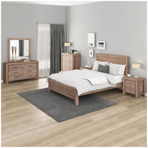 5 Pieces Bedroom Suite in Solid Wood Veneered Acacia Construction Timber Slat Queen Size Oak Colour Bed, Bedside Table , Tallboy & Dresser