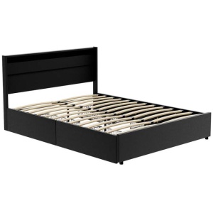 Bed Frame Queen Size LED with 4 Drawers Black DUNN