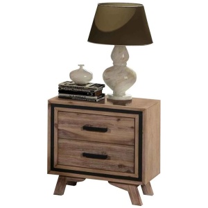 Bedside Table 2 drawer Night Stand with Solid Acacia Storage in Sliver Brush Colour