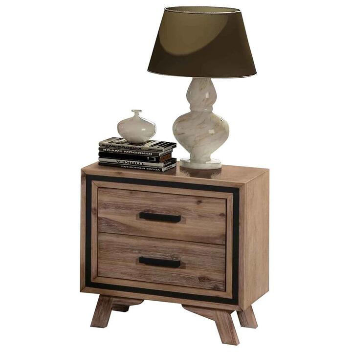 Bedside Table 2 drawer Night Stand with Solid Acacia Storage in Sliver Brush Colour