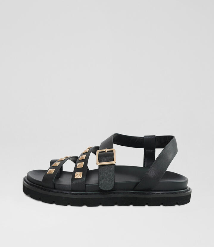 Chunky Stud Black Leather Slides