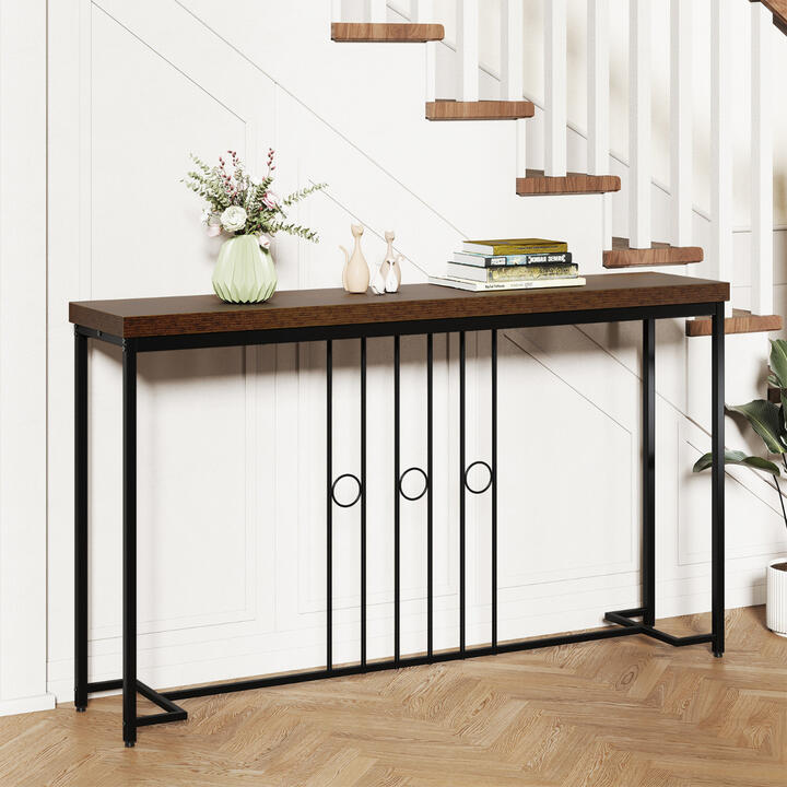 Costway140cm Industrial Console Table with H-Shaped Base and Spacious tabletop-Rustic Brown