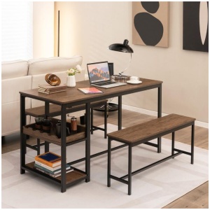 Costway4-Person 3 Pieces Dining Table Set with 2 Benches & Wine Rack