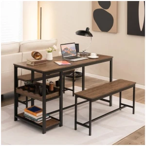 Costway4-Person 3 Pieces Dining Table Set with 2 Benches & Wine Rack