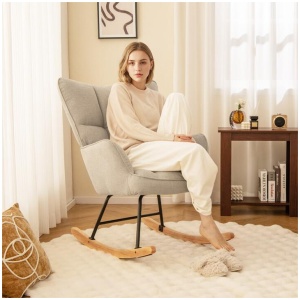 CostwayLinen Nursery Rocking Armchair Accent Chair with High Backrest-Light Grey