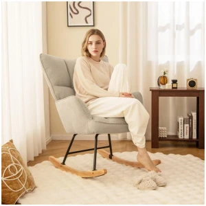 CostwayLinen Nursery Rocking Armchair Accent Chair with High Backrest-Light Grey