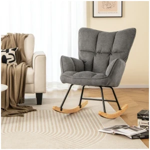 CostwayLinen Nursery Rocking Chair with High Backrest and Padded Armrests-Grey