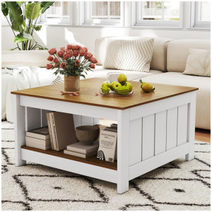 CostwaySquare Cocktail Coffee Table with Storage Shelf Farmhouse Rustic Center Table-Natural