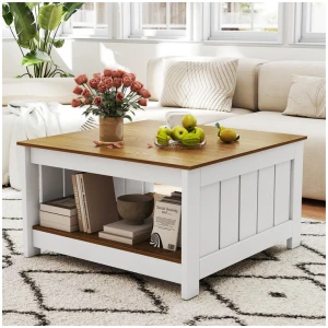 CostwaySquare Cocktail Coffee Table with Storage Shelf Farmhouse Rustic Center Table-Natural