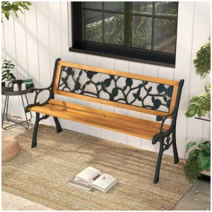 CostwayStylish Garden Patio Bench Spacious 3-Person Outdoor Seating Classic Park Bench with Slatted Seat